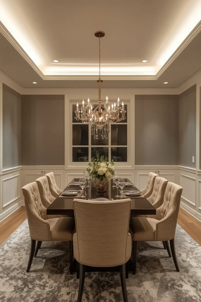 Soft cove lighting glowing along a dining room ceiling.