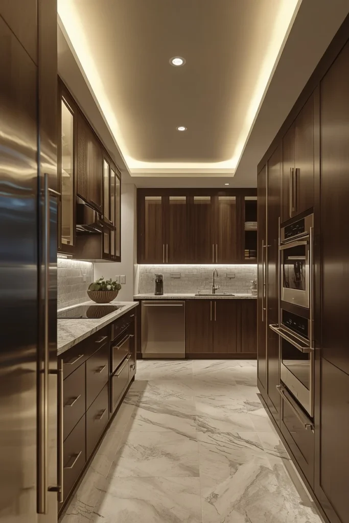 Soft cove lighting glowing near a tall kitchen ceiling.