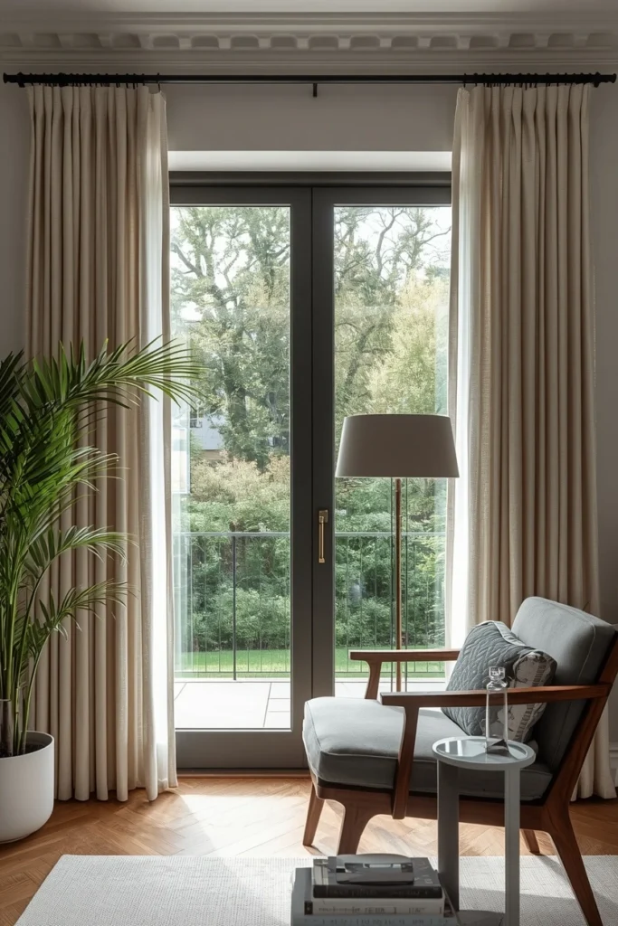 Curtain rod extended wide beyond the window frame.