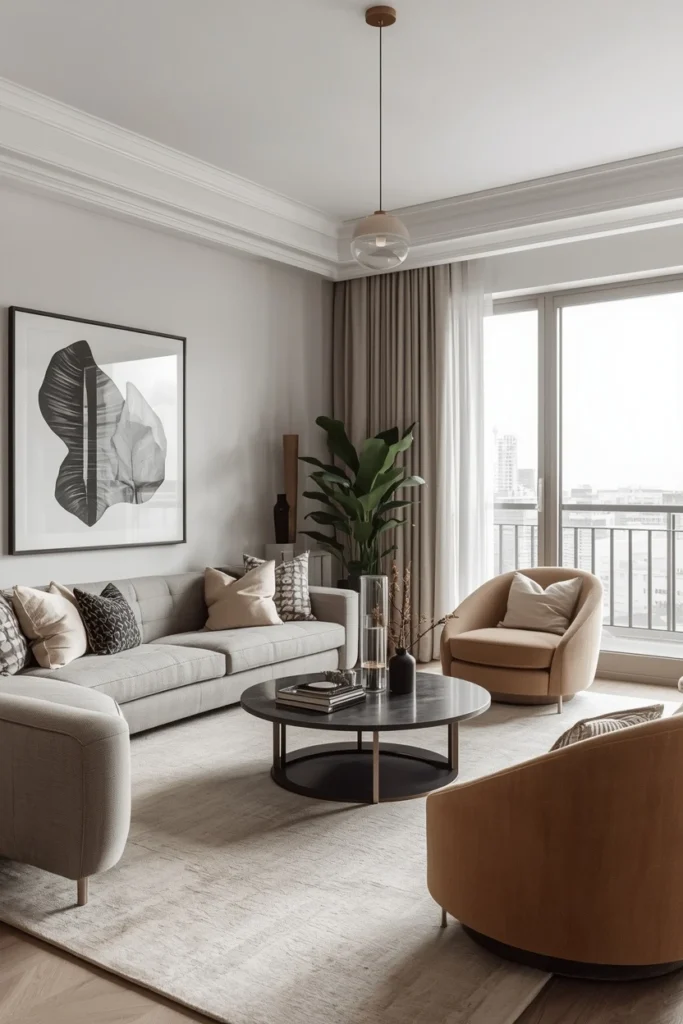 Curved sofa and round coffee table in apartment
