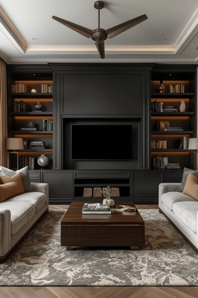 Built-in shelves matching dark living room wall color.