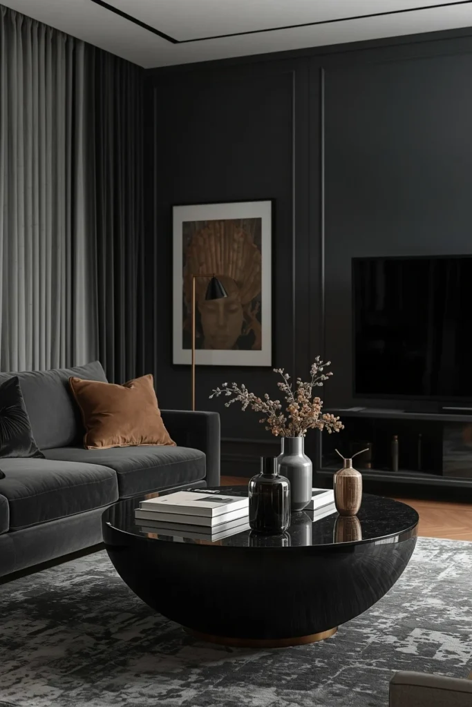 Minimal coffee table styling in a dark living room.