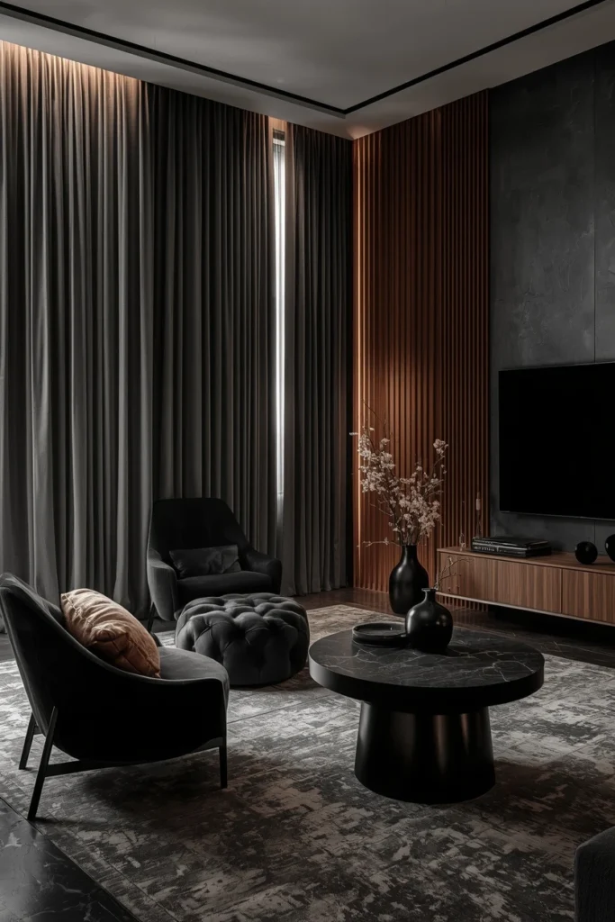 Floor to ceiling curtains in a dark living room.