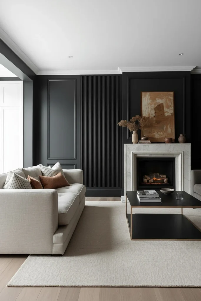Fluted panels on a dark living room feature wall.