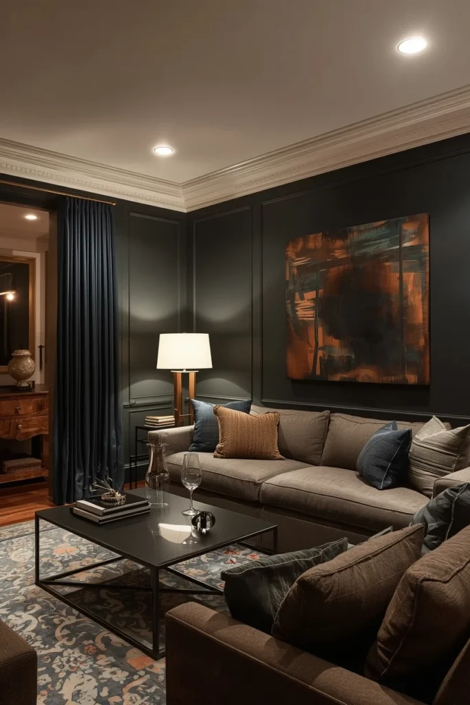 Layered lighting in a cozy dark living room.
