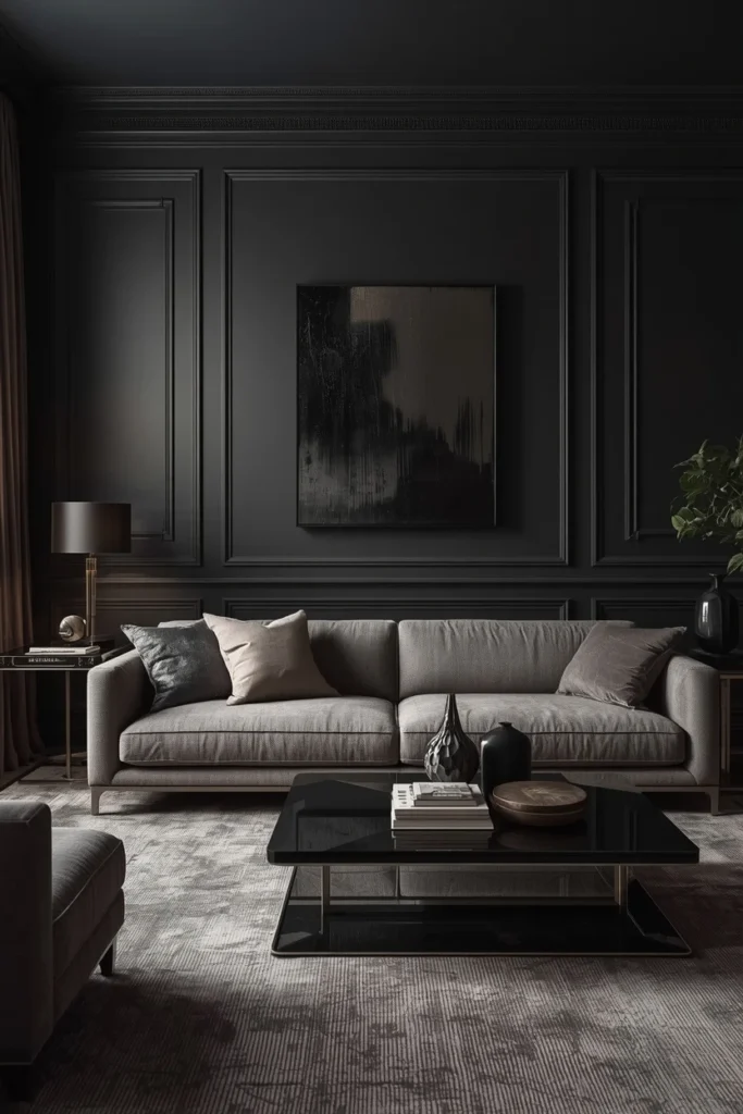 Low minimal furniture in a modern dark living room.