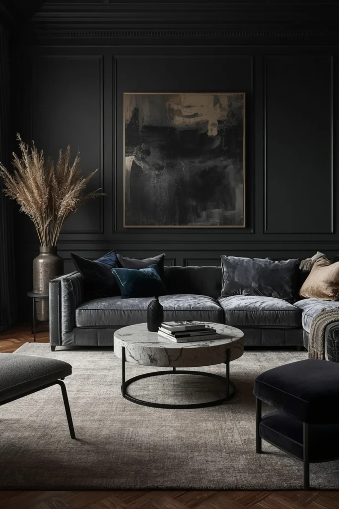 Mixed textures in a rich modern dark living room.