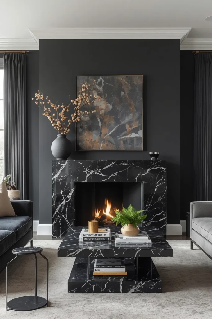Dark marble fireplace in an elegant living room.