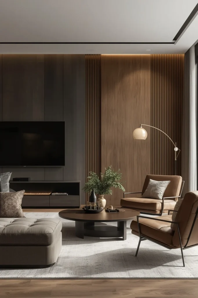 Natural wood furniture balancing a dark living room.