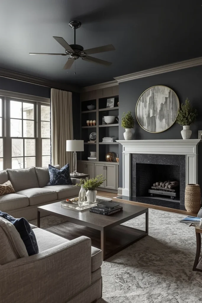 Dark painted ceiling in a stylish living room.