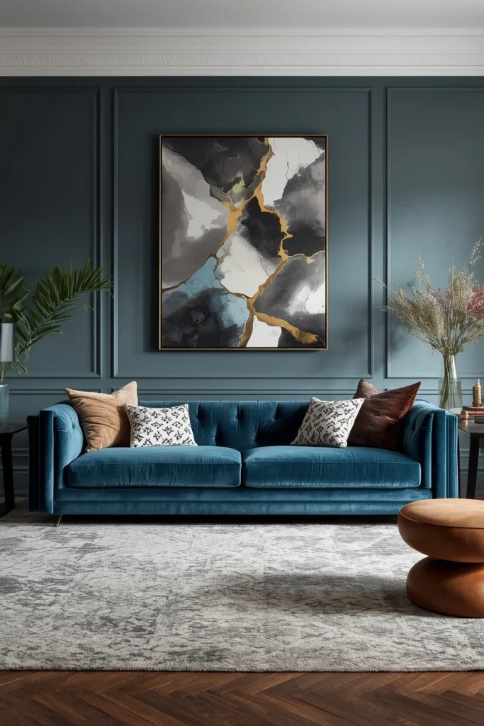 Velvet sofa styled against a dark living room wall.