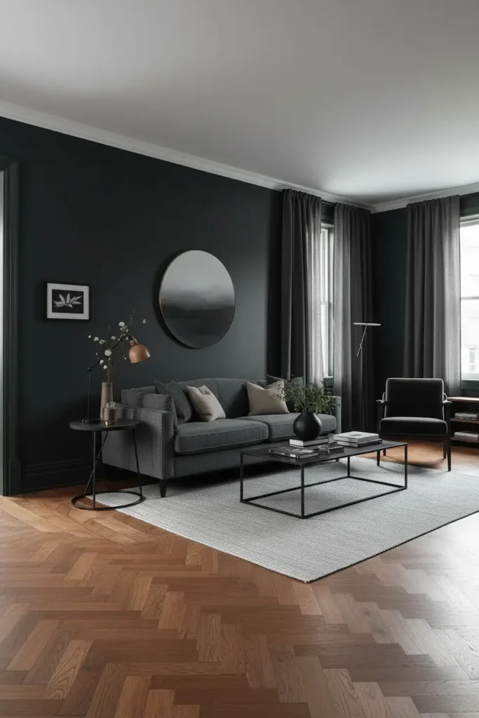 Dark charcoal wall color in modern living room.