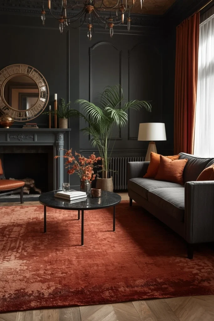 Large warm terracotta rug in a dark living room.