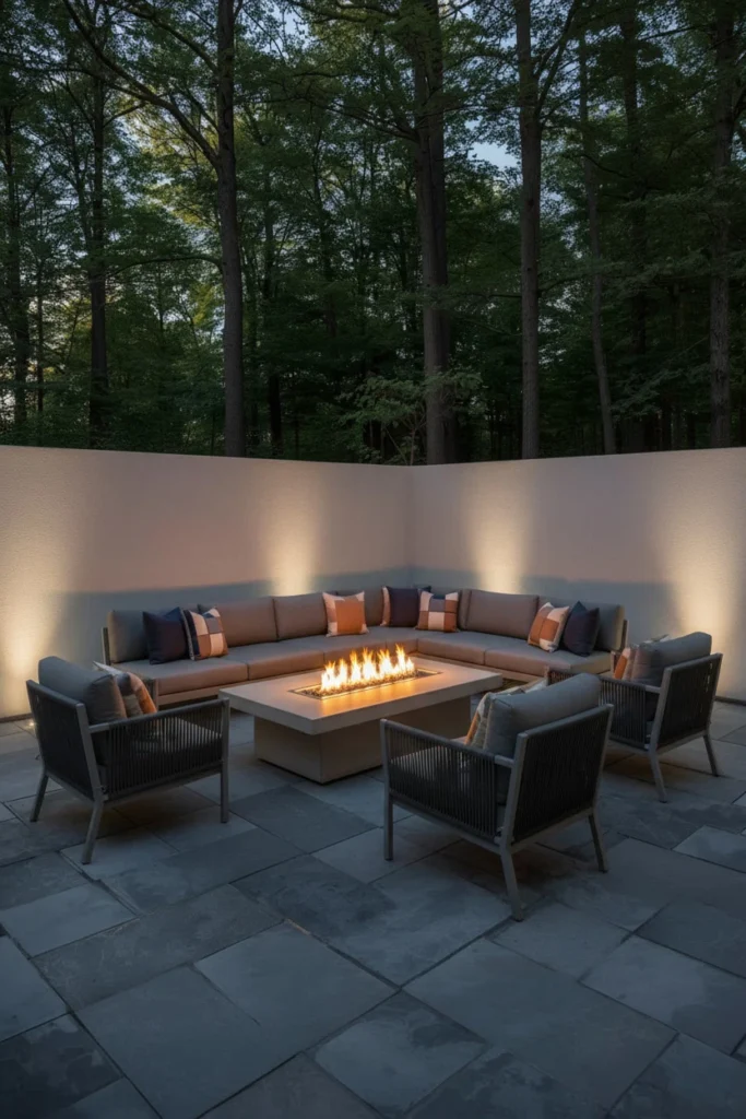 Dark stone patio surrounding dramatic backyard fire pit