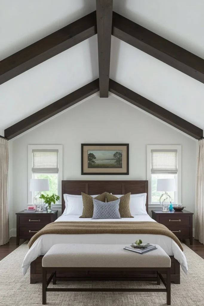 Dark timber beams against a white bedroom ceiling.