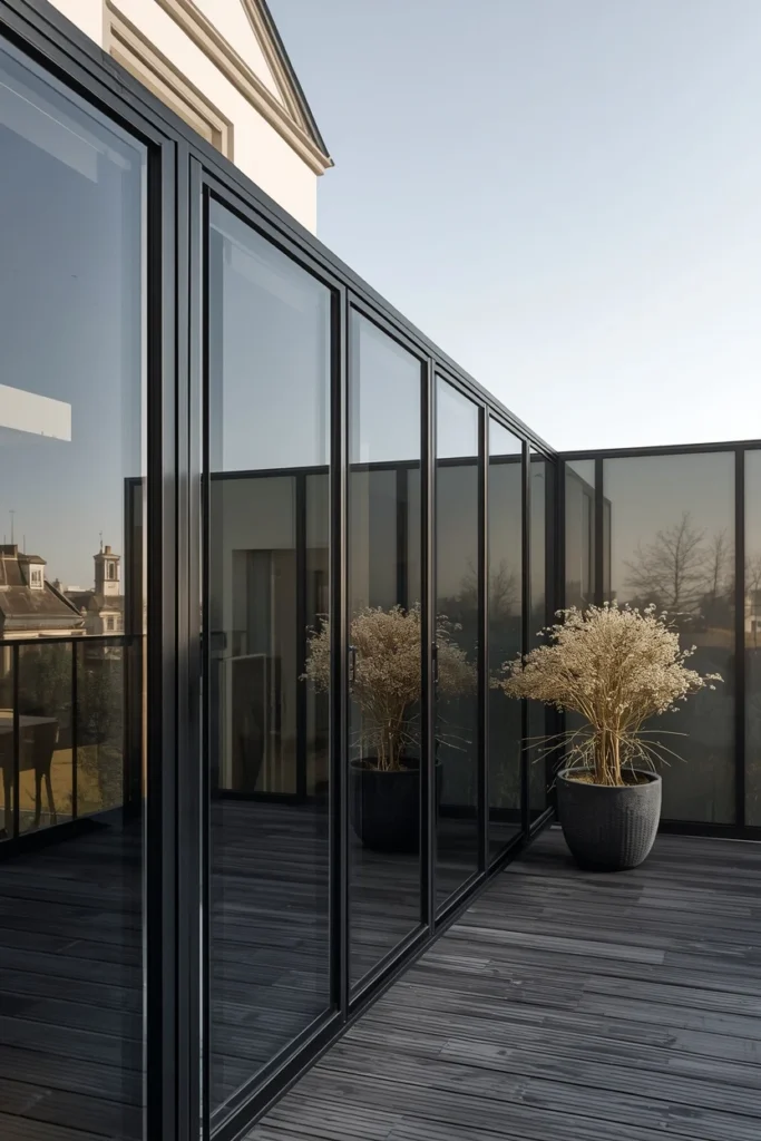 Dark tinted glass panels improving terrace privacy