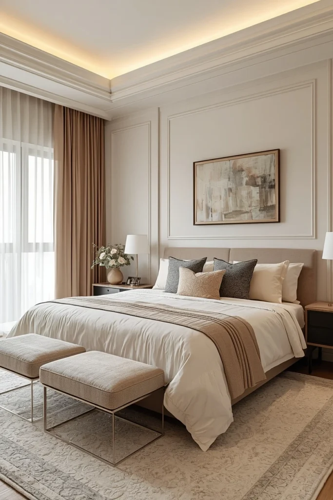 Clean and clutter-free styled guest bedroom space.