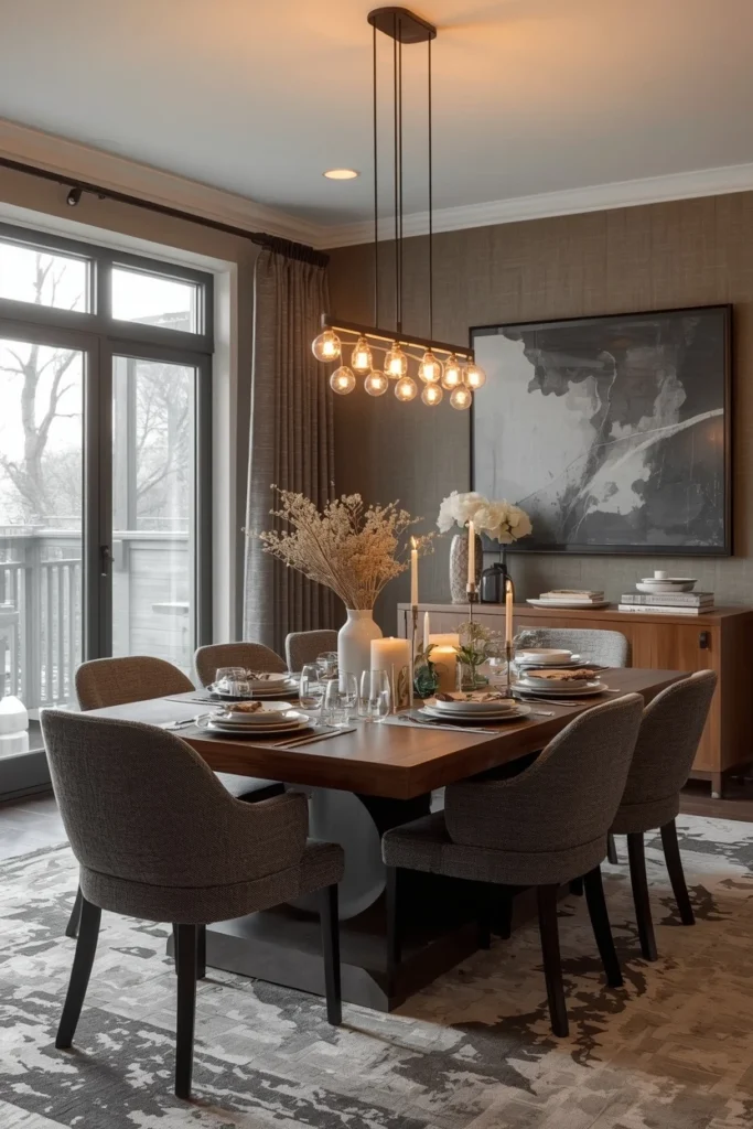 Dimmer switch controlling warm dining room lighting.