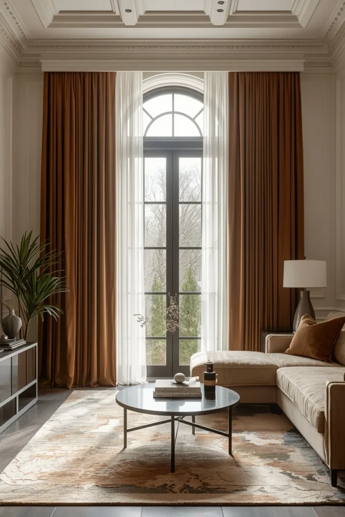 Terracotta curtains styled with wood and woven textures.