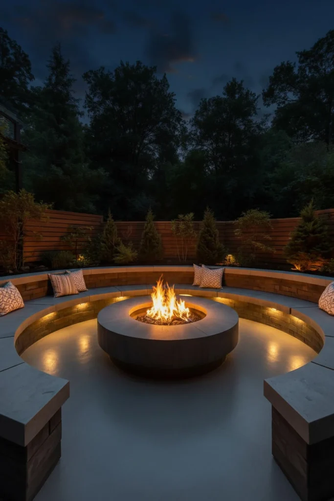 Fire pit with built-in curved stone seating area