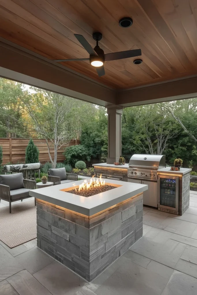 Fire pit built into stone outdoor kitchen counter
