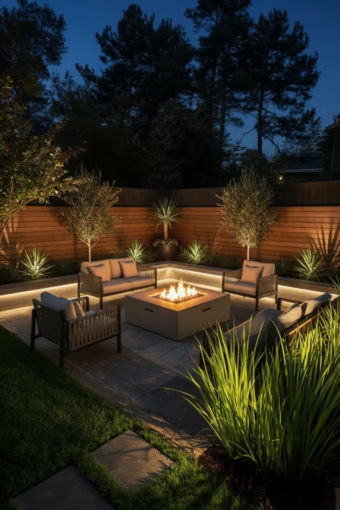 Fire pit surrounded by plants and ground lights