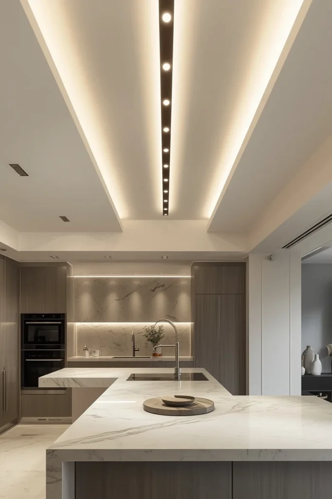 Linear LED channels built into a minimalist kitchen ceiling.