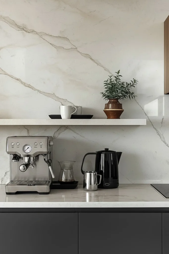 Floating sintered stone shelf above a kitchen coffee bar.