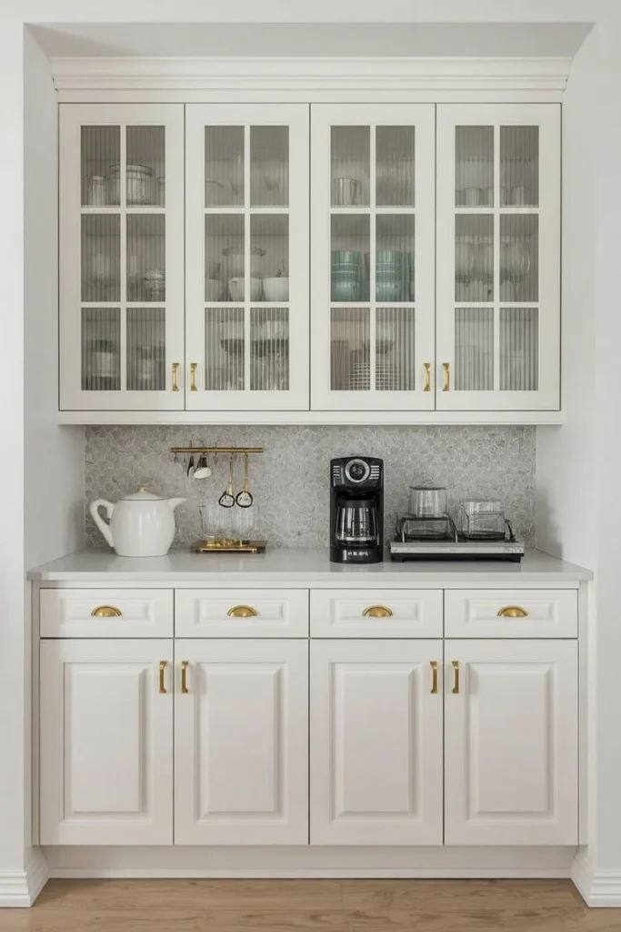 Fluted glass cabinet doors on a kitchen coffee bar.