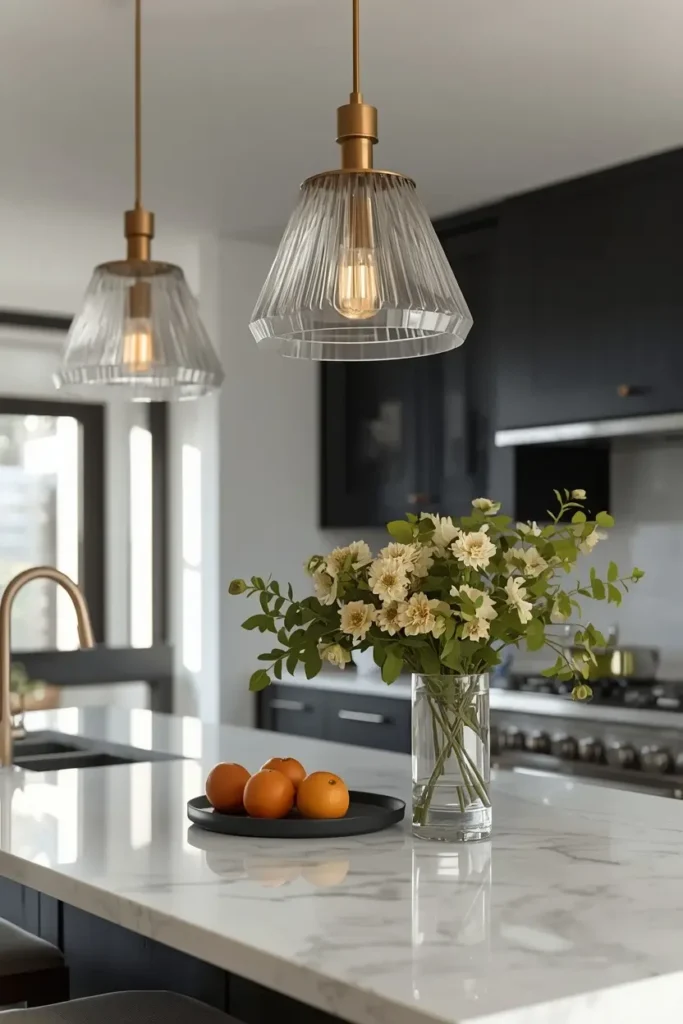Fluted glass pendant shades casting soft warm kitchen light.