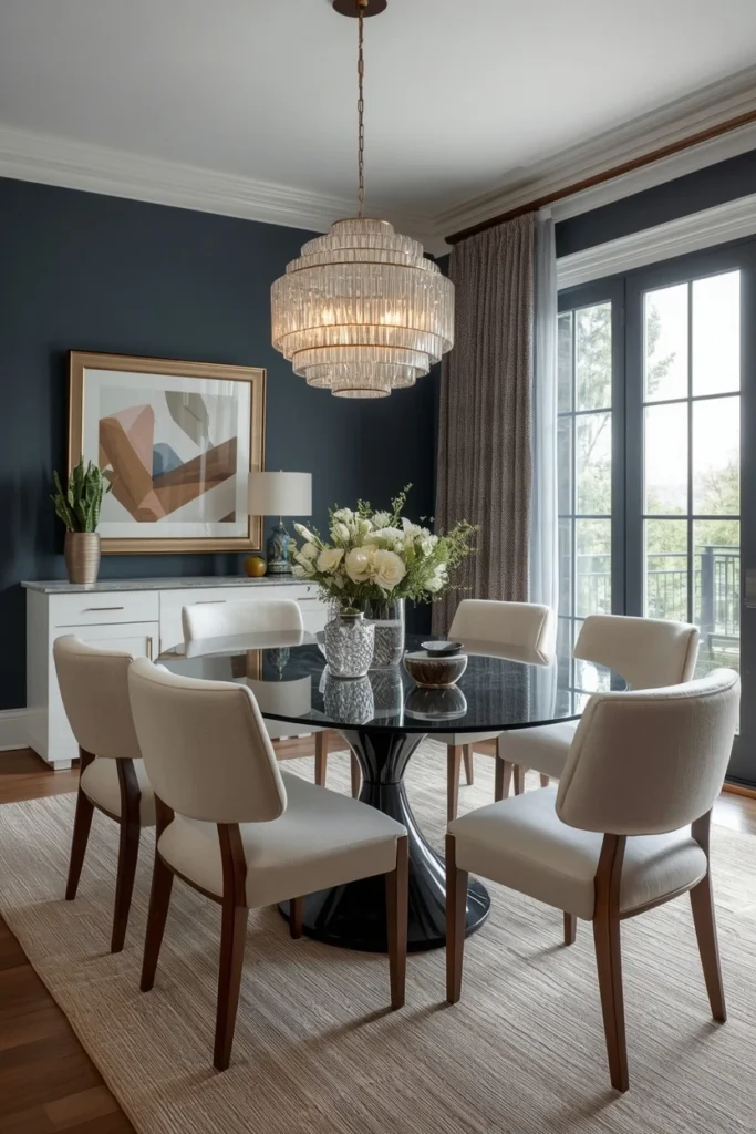 Fluted glass pendant shade glowing softly over table.