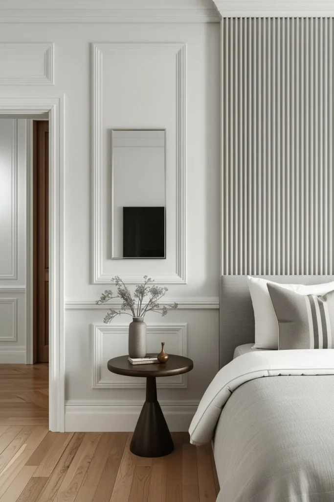 Fluted panel accent wall painted in soft sage