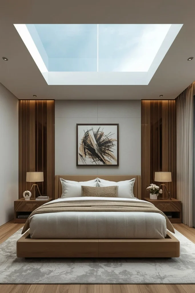 Frameless rooflight bringing natural light into bedroom.