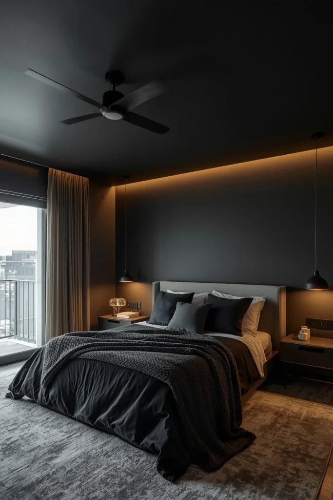 Matte black ceiling in a cozy modern bedroom.