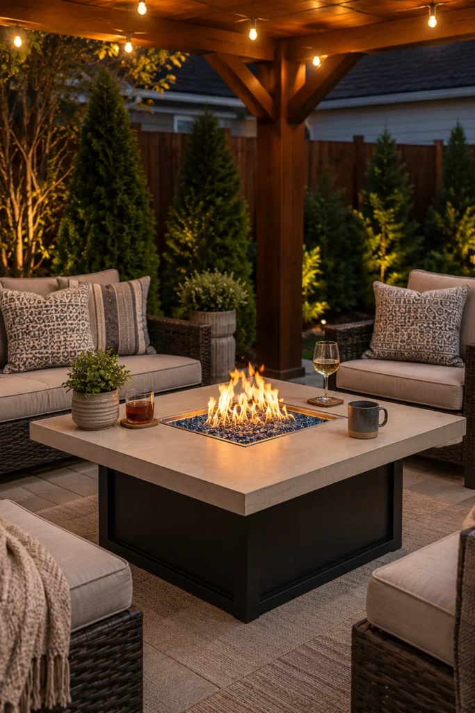Gas fire pit coffee table on small covered patio
