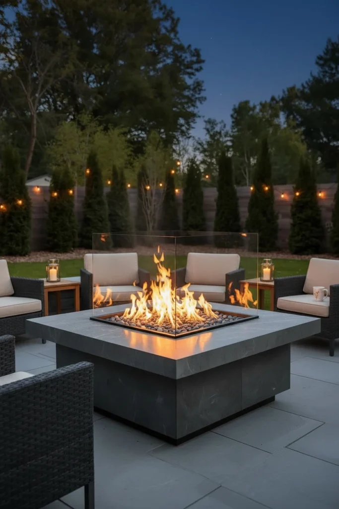 Glass panel fire pit with wind guard all angles