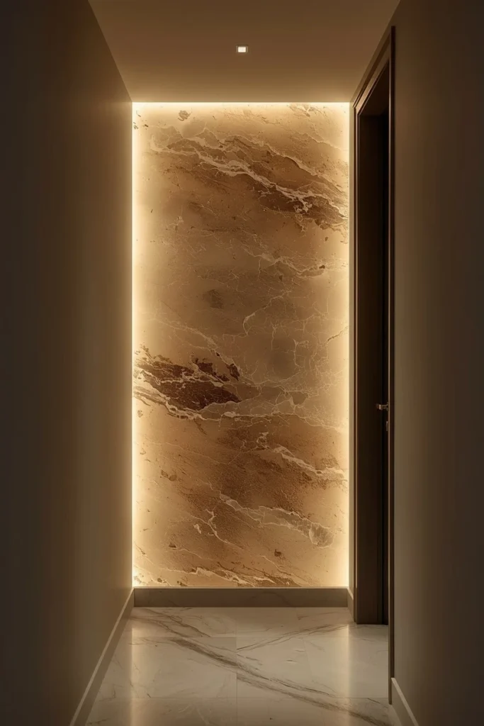 Backlit onyx stone panel glowing in hallway
