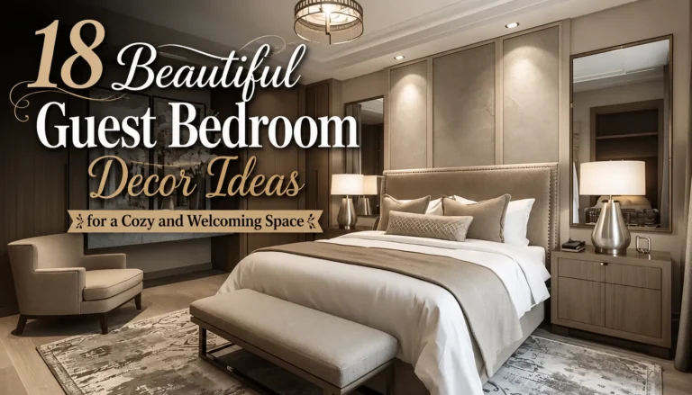 Styled guest bedroom with warm neutral decor.