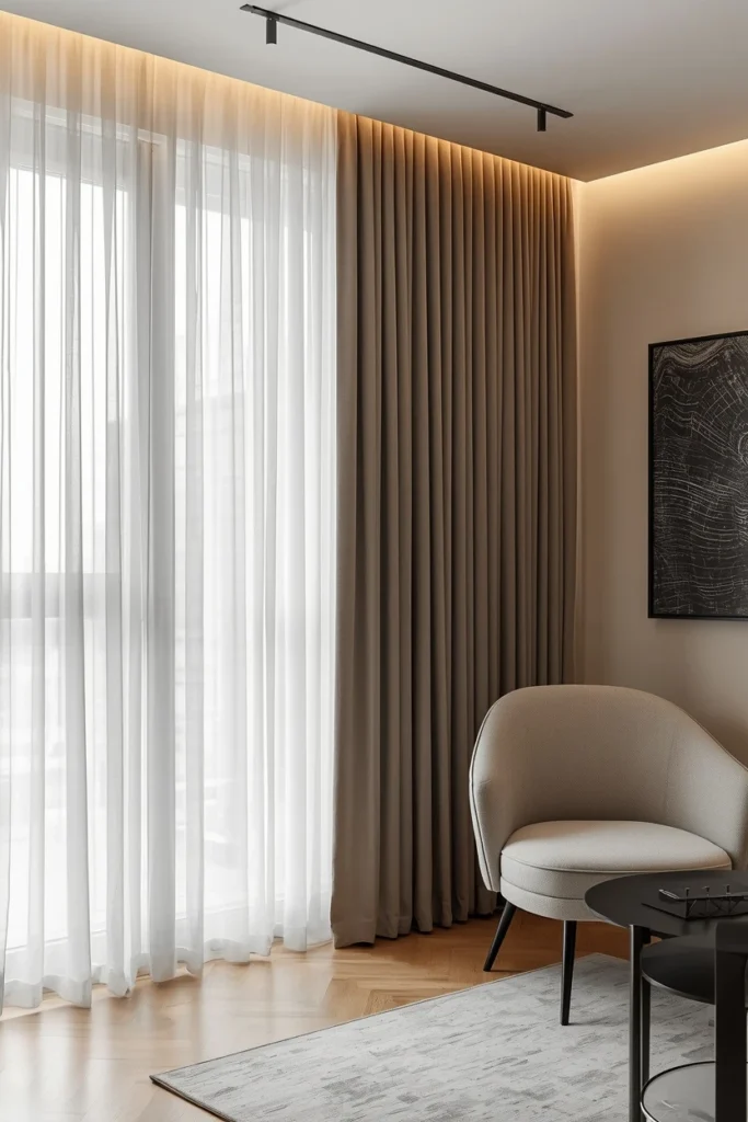 Floor-length curtains hung near ceiling in bedroom