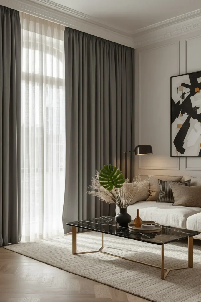 Linen curtains hanging from ceiling to floor.