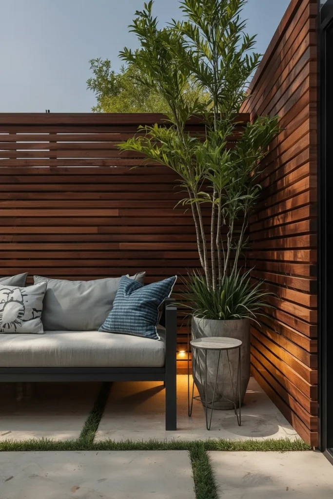 Hardwood slatted wall creating warm outdoor privacy