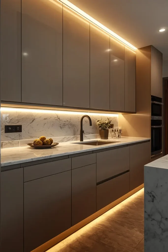 Hidden LED strip lights glowing under white wall cabinets.