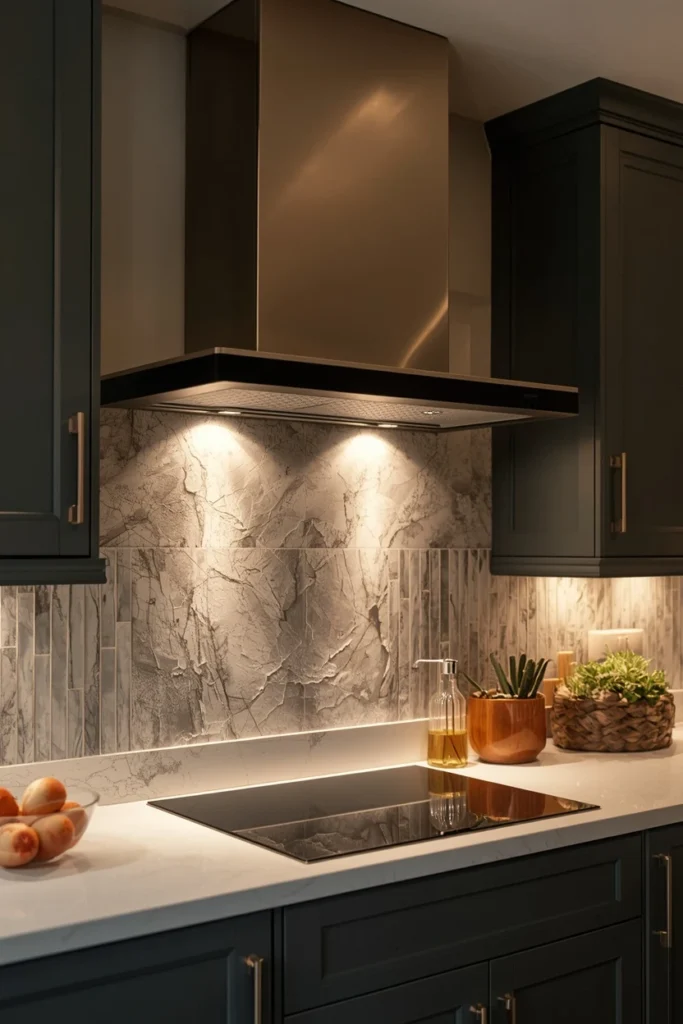 Clean range hood with hidden interior lighting above the hob.