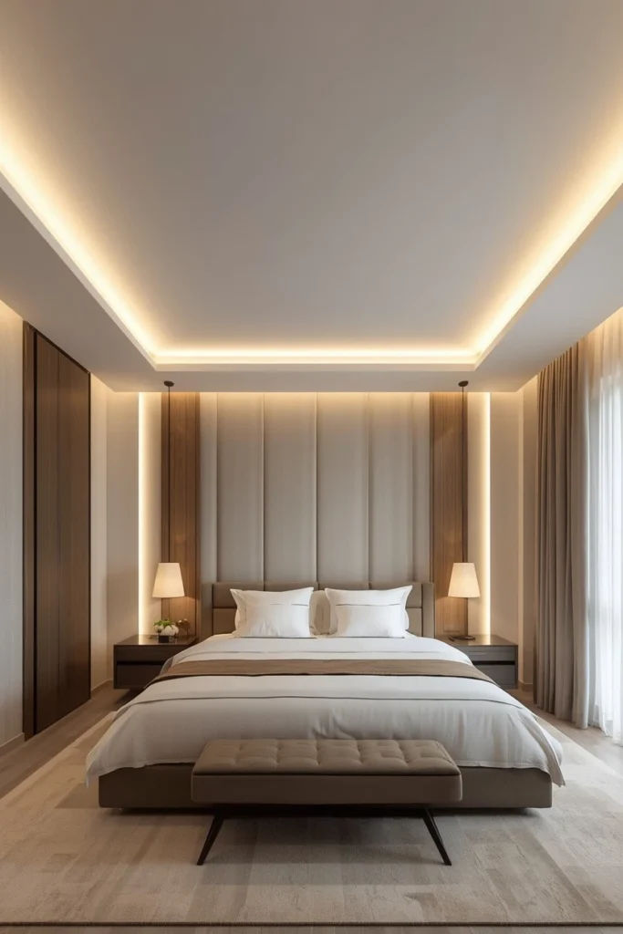 Clean linear LED channels cut into bedroom ceiling.