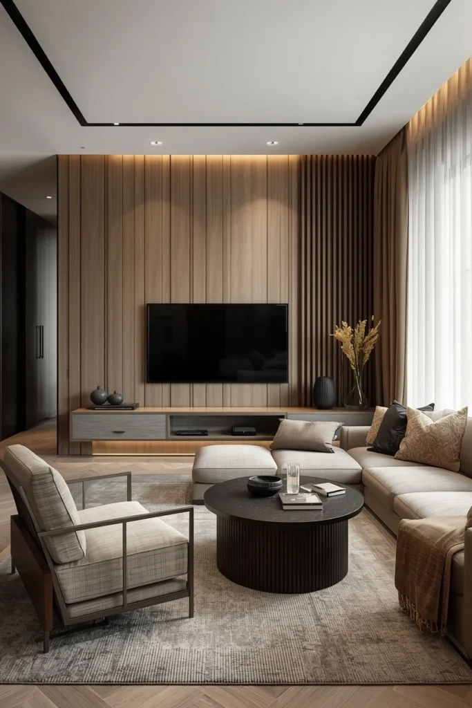 Japandi styled room with wood and linen textures
