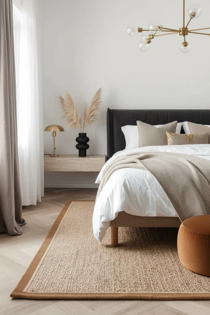 Natural jute rug with woven texture on bedroom floor.