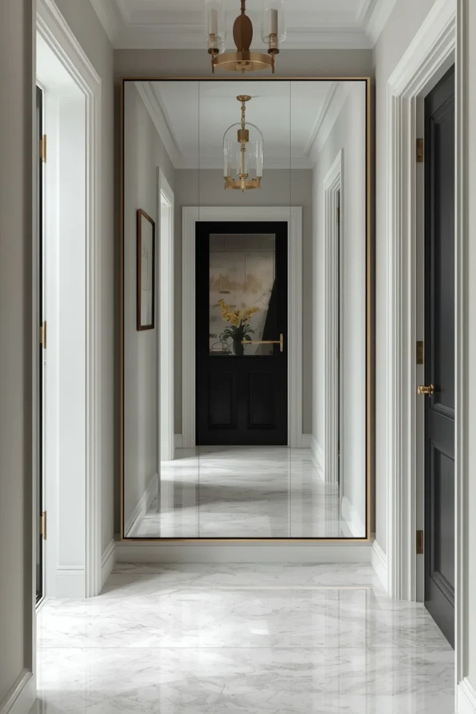 Large mirror reflecting light in modern hallway