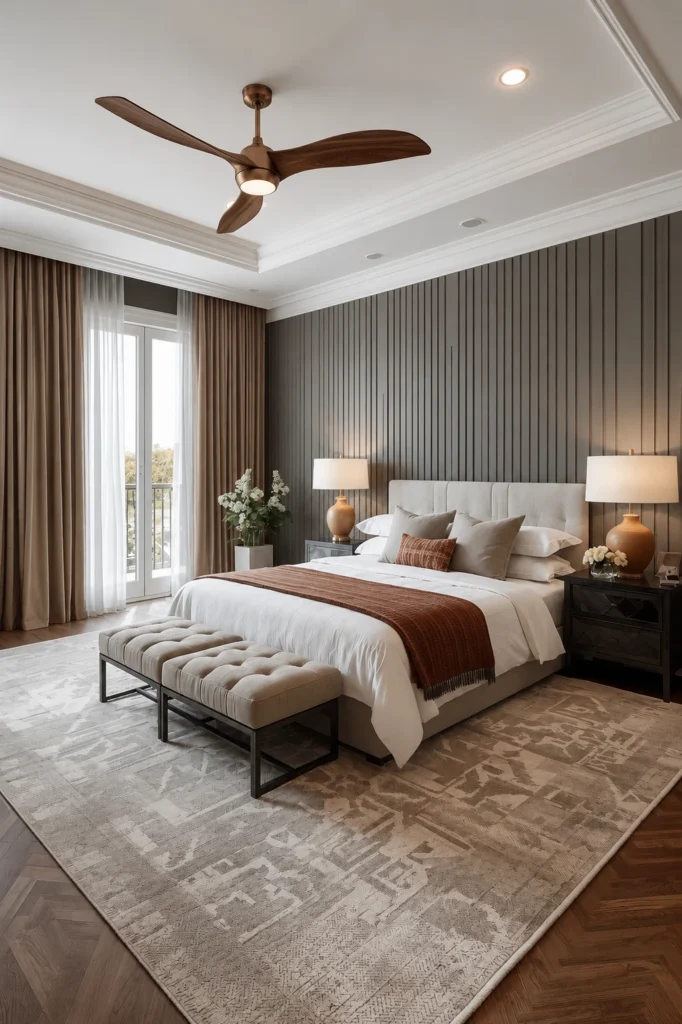 Neutral wool rug extending beyond a double bed.