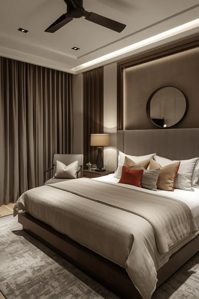 Bedside lamps and floor lamp in a warm bedroom.