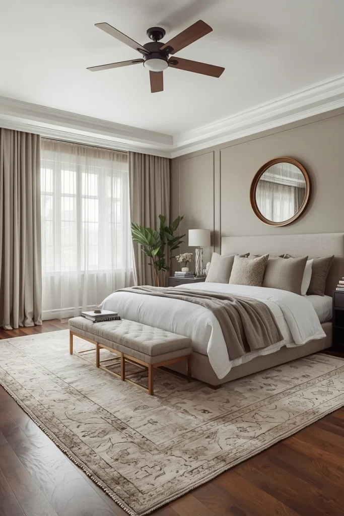 Two layered rugs adding depth to a bedroom floor.